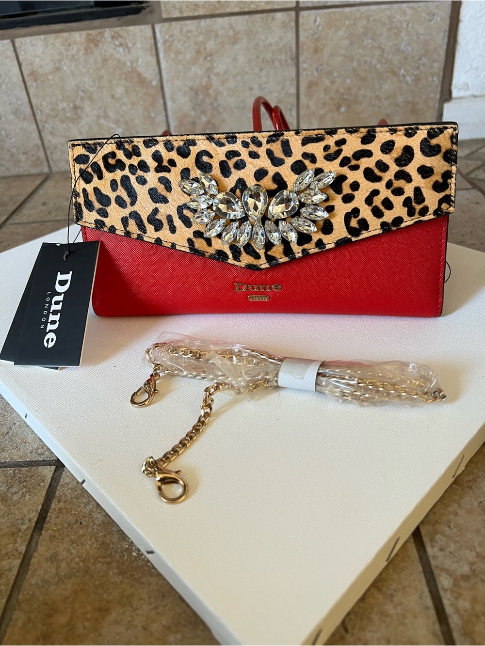 Dune London Red Leopard-Print wallet w/chain feature - Genuine Calf Hair Leather